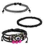 Fashion Pink Black Silver-Tone Leather Evil Eye Protection Bracelet Set