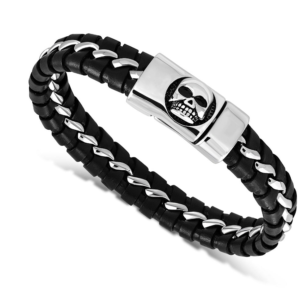 Stainless Steel Silver-Tone Black Leather Braided Skull Wristband Bracelet, 8.5"