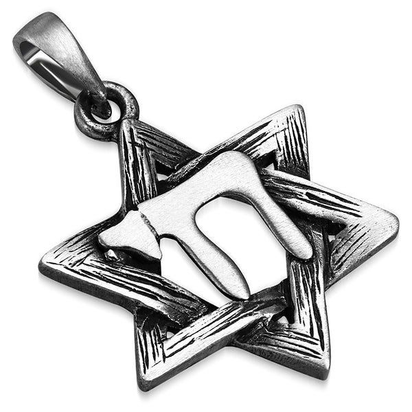 Pewter Silver-Tone Jewish Star of David Living Chai Men's Pendant Necklace, 22"
