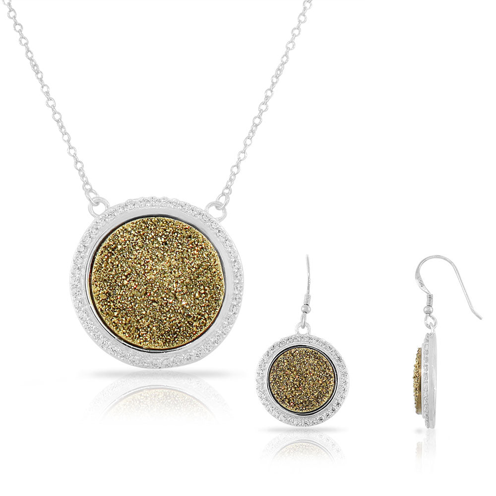 Sterling Silver Yellow Drusy Quartz CZ Round Womens Necklace Drop Dangle Earrings Jewelry Set