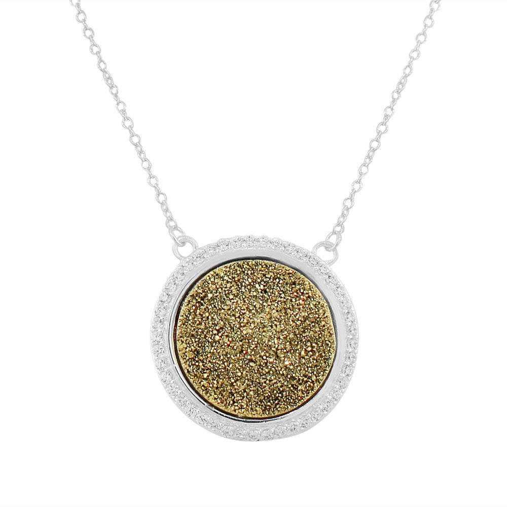 Sterling Silver Yellow Drusy Quartz CZ Round Womens Necklace Drop Dangle Earrings Jewelry Set