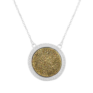 Sterling Silver Yellow Drusy Quartz CZ Round Womens Necklace Drop Dangle Earrings Jewelry Set