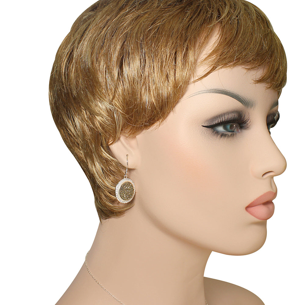 Sterling Silver Yellow Drusy Quartz CZ Round Womens Necklace Drop Dangle Earrings Jewelry Set