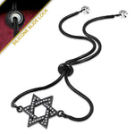 Stainless Steel Black Clear CZ Jewish Star of David Adjustable Snake Chain Bracelet, 8.5"