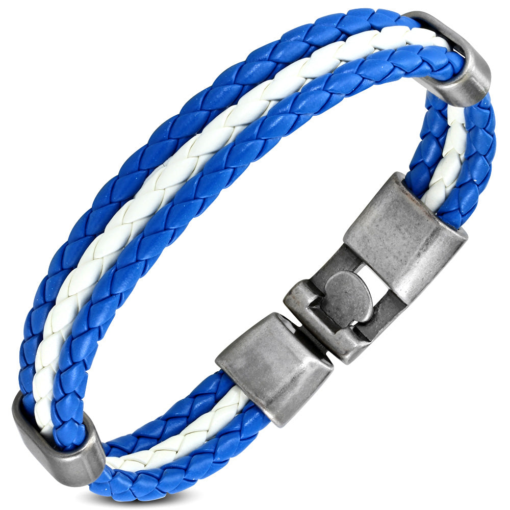 Stainless Steel Multi-Color Braided Faux Leather Layer Cuff Bracelet, 7.5"
