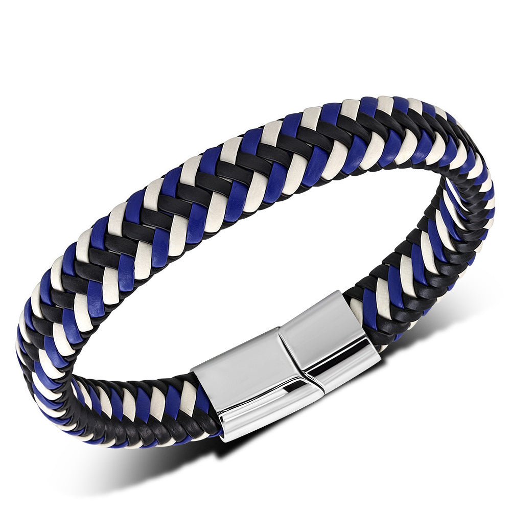 Stainless Steel Silver-Tone Multi-Color Braided Leather Mens Cuff Bracelet, 8.5"