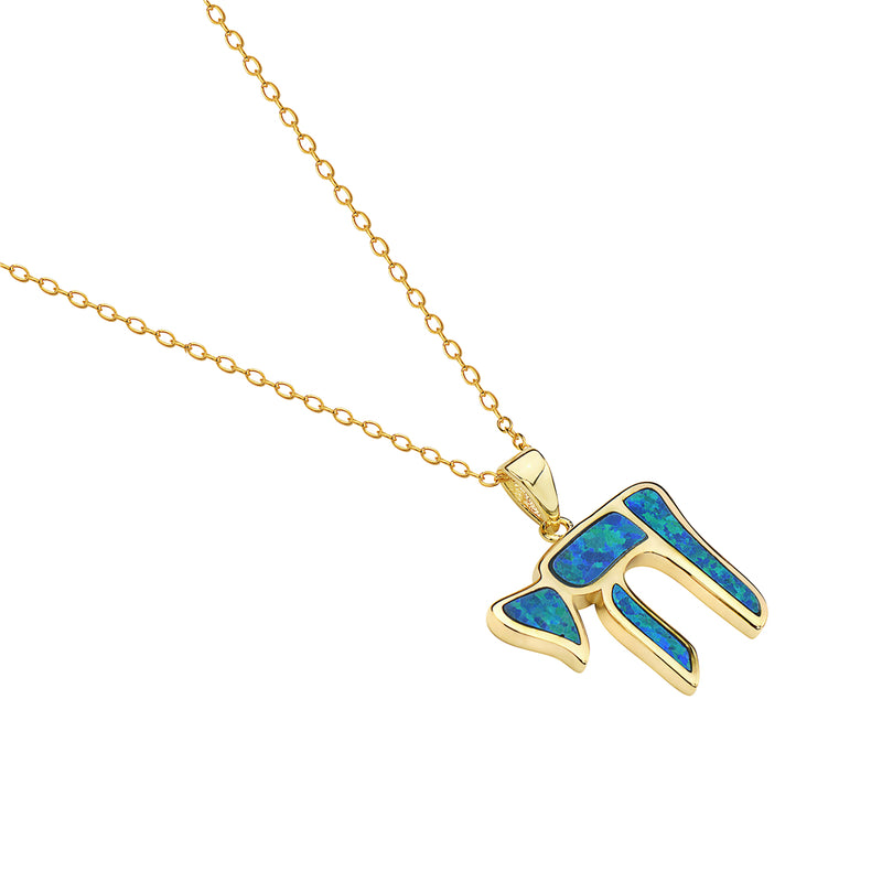 Gold Inlay Opal Chai Necklace Pendant Sterling Silver