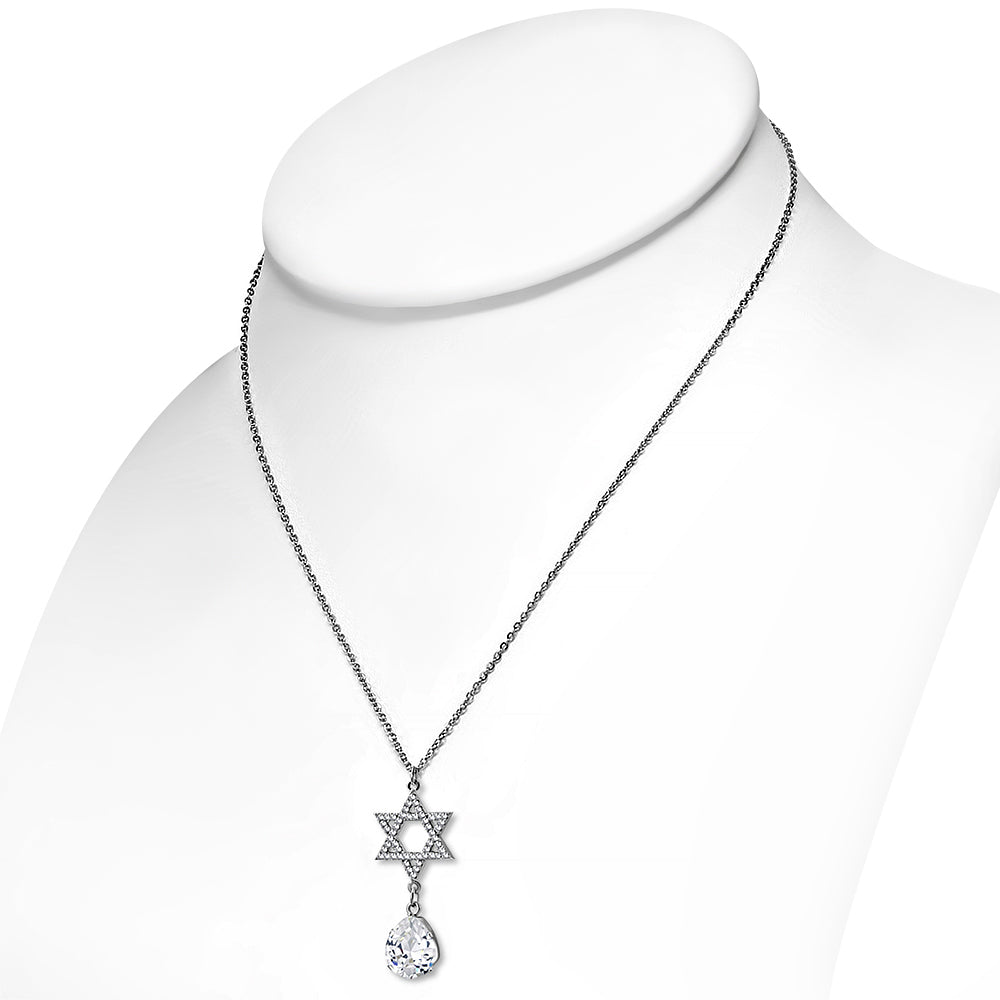 Stainless Steel Silver-Tone Womens Jewish Star of David CZ Pendant Necklace