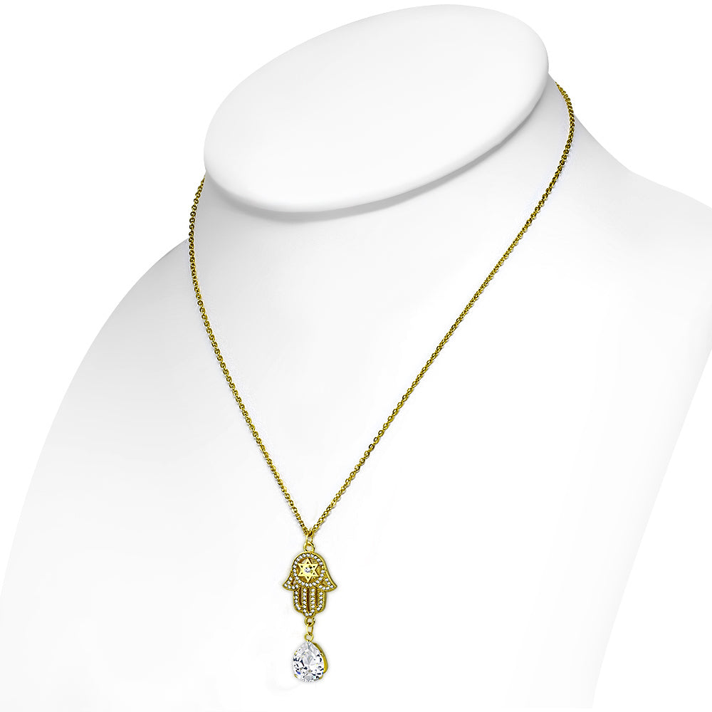 Stainless Steel Yellow Gold-Tone Womens Star of David Hamsa Protection CZ Pendant Necklace