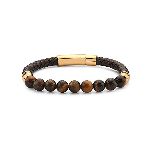 Mens Stainless Steel Genuine Leather Natrual Baded Bracelet with Magnetic Lock 8"