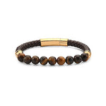Mens Stainless Steel Genuine Leather Natrual Baded Bracelet with Magnetic Lock 8"