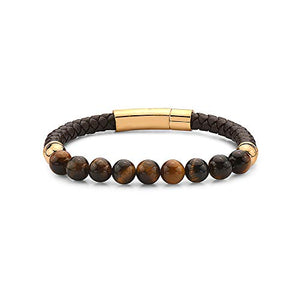 Mens Stainless Steel Genuine Leather Natrual Baded Bracelet with Magnetic Lock 8"