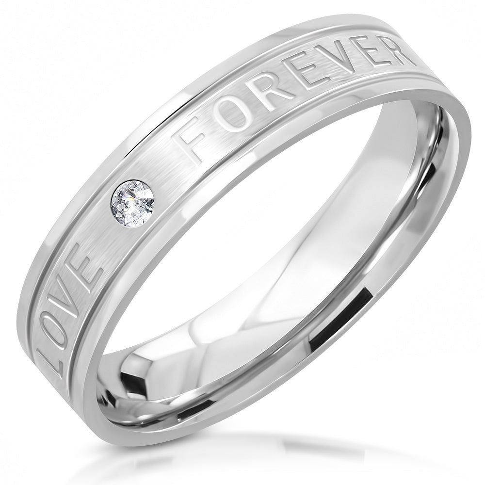 Love Forever Band Ring Silver-Tone Stainless Steel Cubic Zirconia