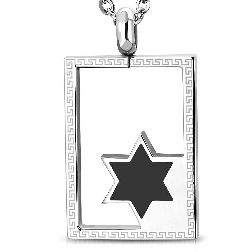 Mens Stainless Steel Black Star of David Greek Key Pendant Necklace