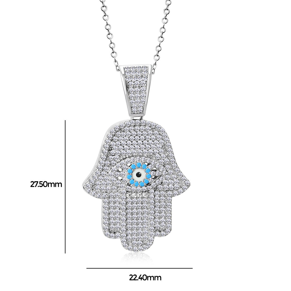 925 Sterling Silver Evil Eye Protection Hamsa Pendant Necklace Cubic Zirconia