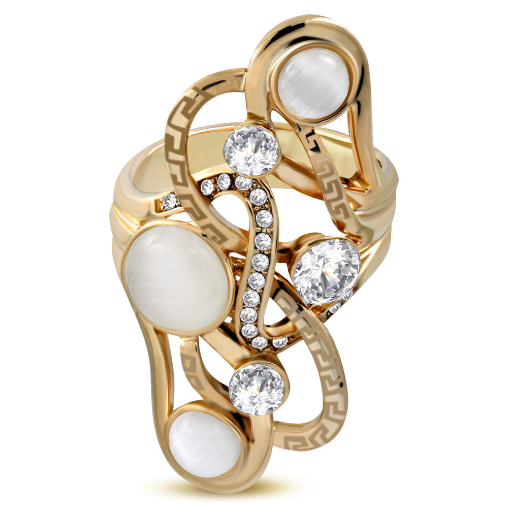 Gold Tone Stainless Steel Greek Key Statement Ring Simulated Gemstone Cubic Zirconia