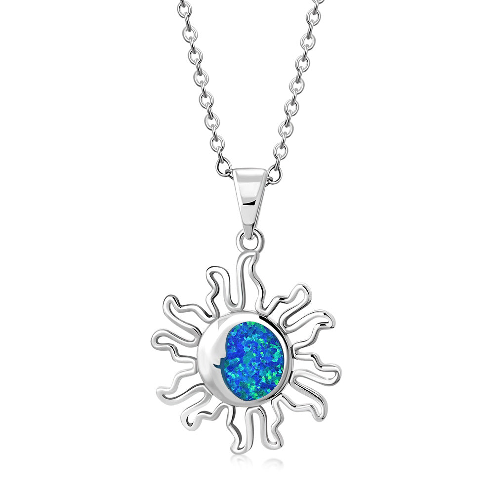 My Daily Styles - Sun and Moon Necklace - Celestial Pendant Necklace Adorned with Gorgeous Blue Simulated Opal Stone - Alluring 925 Sterling Silver Necklace