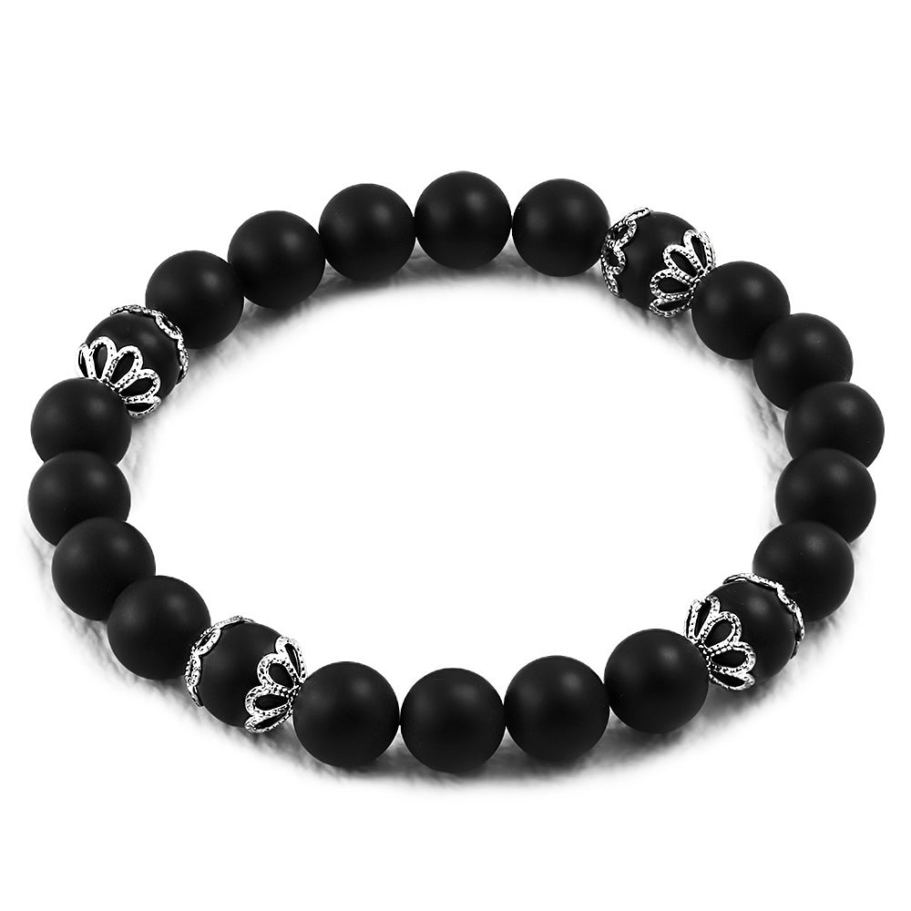 Silver-Tone Floral Filigree Matte Black Beaded Stretch Bracelet