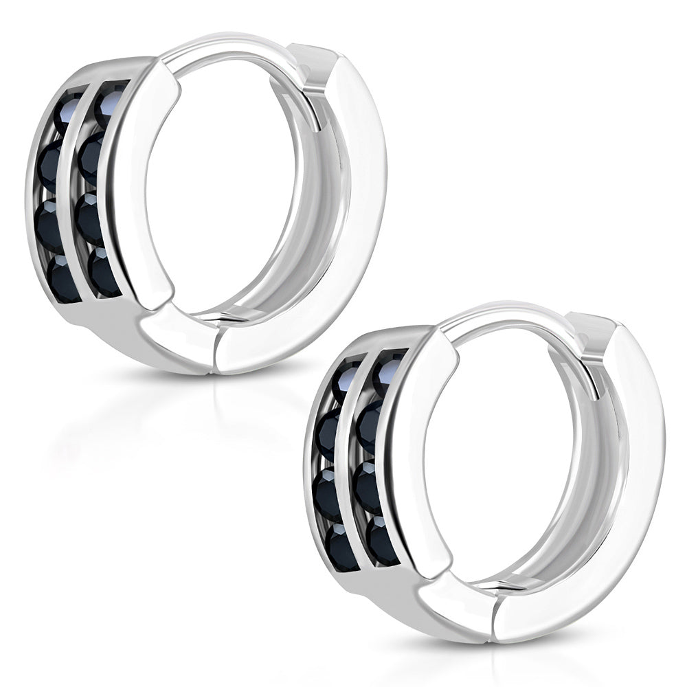 Black Hoop Huggie Earrings Girls Silver Plated Brass Cubic Zirconia