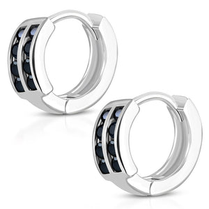 Black Hoop Huggie Earrings Girls Silver Plated Brass Cubic Zirconia