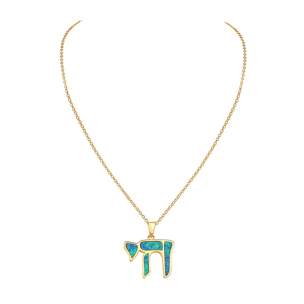 Gold Inlay Opal Chai Necklace Pendant Sterling Silver