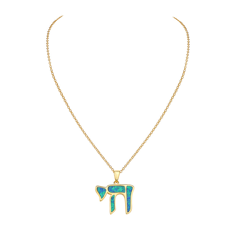 Gold Inlay Opal Chai Necklace Pendant Sterling Silver