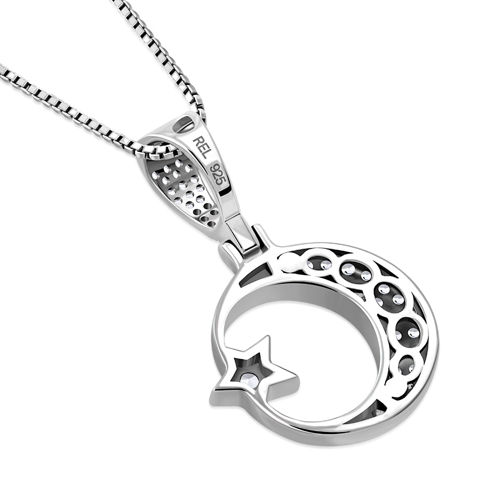 My Daily Styles 925 Sterling Silver CZ Islamic Muslim Pendant Necklace with Crescent Moon and Star Design