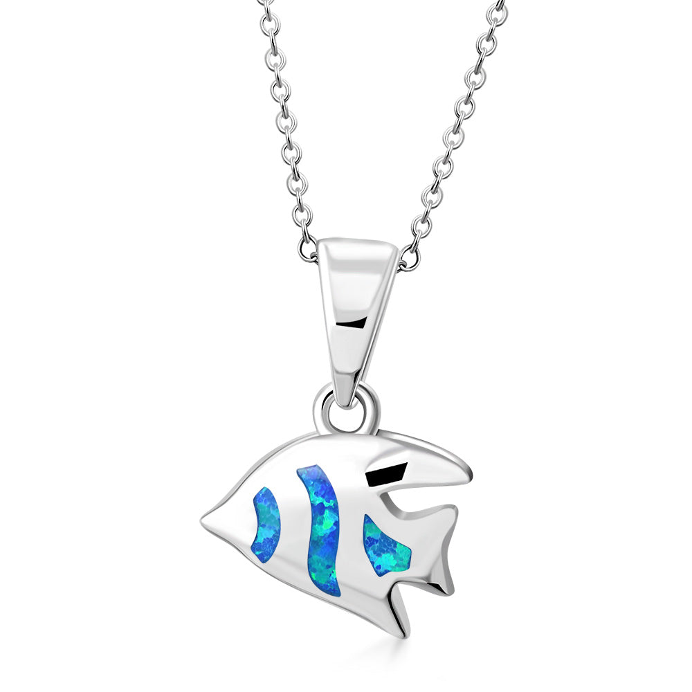 925 Sterling Silver Blue Opal Tropical Fish Pendant Necklace