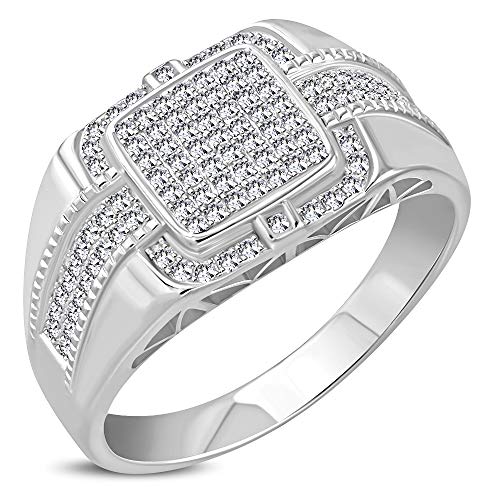 My Daily Styles 925 Sterling Silver Men's Silver-Tone Micro Pave White CZ Stone Signet Style Ring with Band Detail