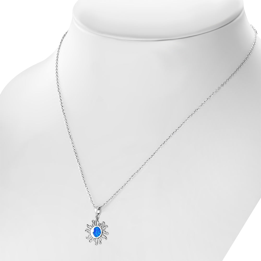 My Daily Styles - Sun and Moon Necklace - Celestial Pendant Necklace Adorned with Gorgeous Blue Simulated Opal Stone - Alluring 925 Sterling Silver Necklace