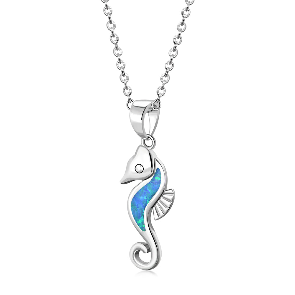 My Daily Styles – Seahorse Necklace – Sterling Silver Pendant Necklace – Encrusted with Synthetic Opal Stone – Ocean Inspired Opal Jewelry for Women