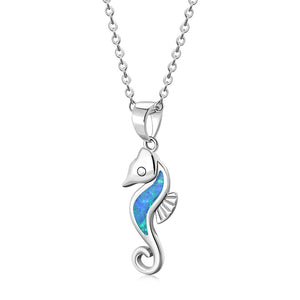 My Daily Styles – Seahorse Necklace – Sterling Silver Pendant Necklace – Encrusted with Synthetic Opal Stone – Ocean Inspired Opal Jewelry for Women