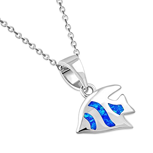 925 Sterling Silver Blue Opal Tropical Fish Pendant Necklace