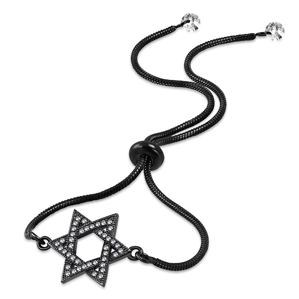Stainless Steel Black Clear CZ Jewish Star of David Adjustable Snake Chain Bracelet, 8.5"