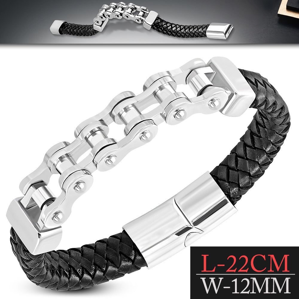 Stainless Steel Silver-Tone Bike Chain Black Leather Braided Mens Bracelet, 8.5"