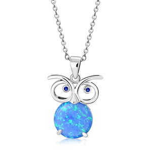 My Daily Styles – Blue Eyed Owl Necklace - Opal Necklace - Sterling Silver Necklace for Women - Sparkling Round Cut Blue Simulated Opal Stone Embellished Over The Owl Pendant – 0.6″ x 0.5″