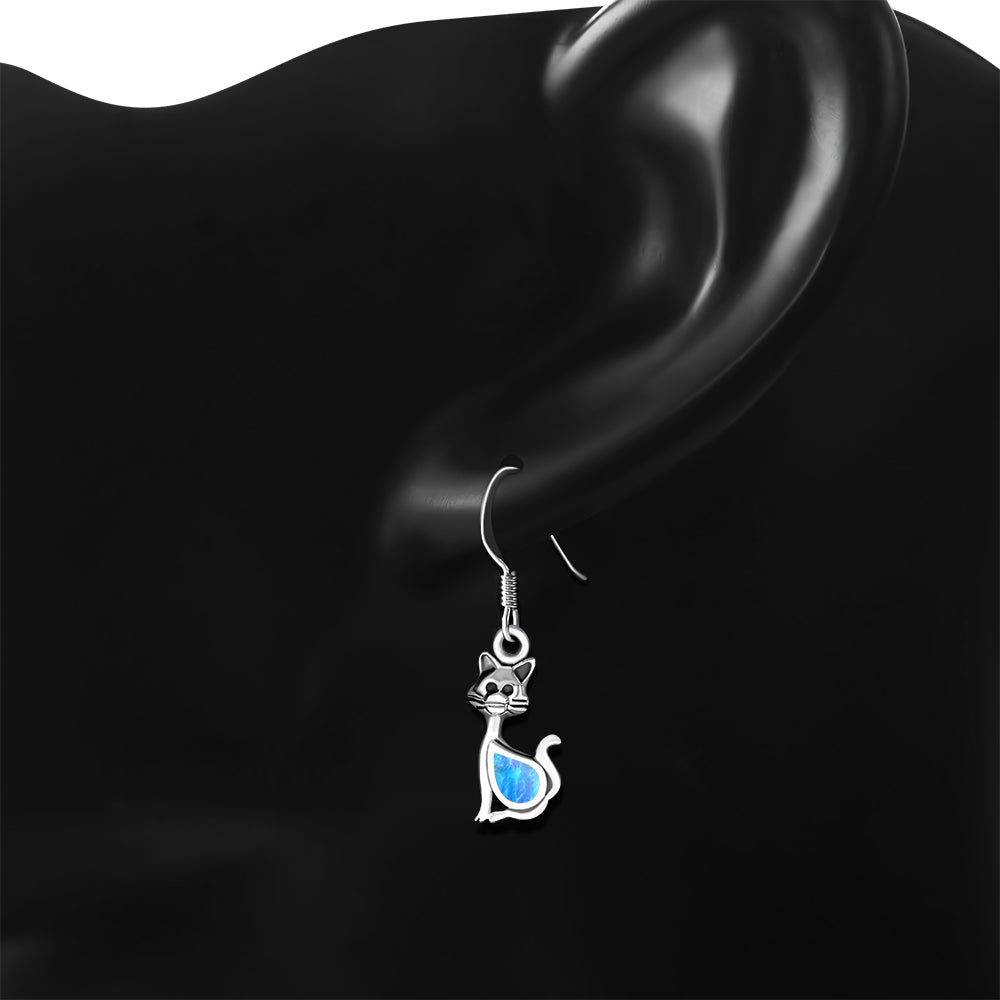 Blue Simulated Opal 925 Sterling Silver Cat Drop Dangle Earrings
