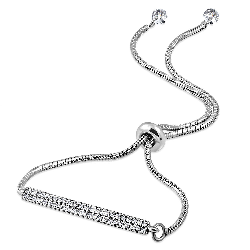 Stainless Steel Clear CZ Bar Adjustable Snake Chain Bracelet, 9"