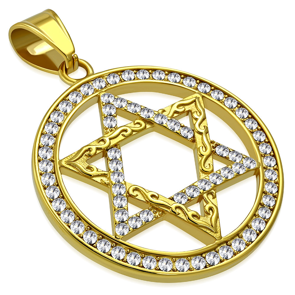 Stainless Steel Yellow Gold-Tone Jewish Star of David CZ Mens Pendant Necklace, 30"