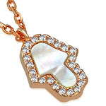 925 Sterling Silver Simulated Mother of Pearl Clear CZ Hamsa Pendant Necklace, 18"