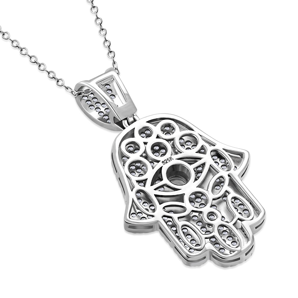925 Sterling Silver Evil Eye Protection Hamsa Pendant Necklace Cubic Zirconia