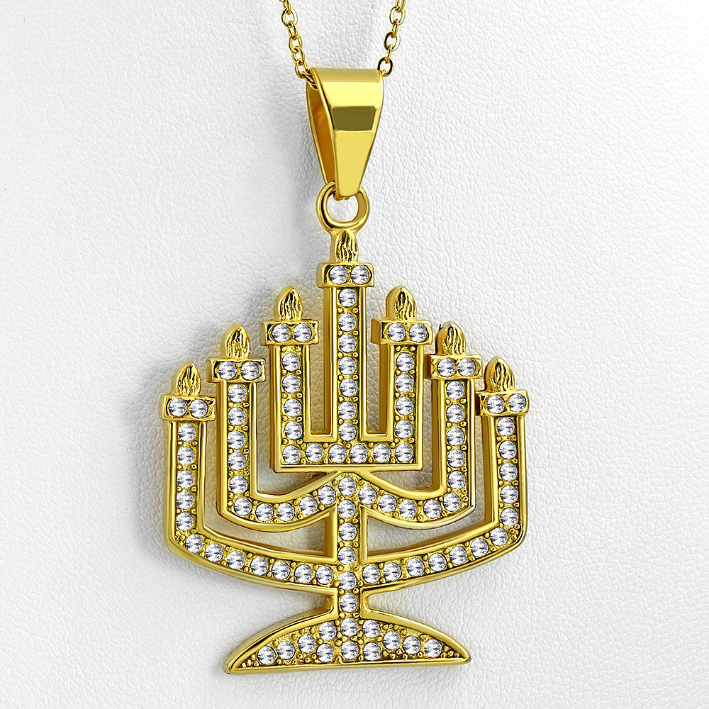 Stainless Steel Yellow Gold-Tone Menorah Jewish CZ Pendant Necklace, 30"