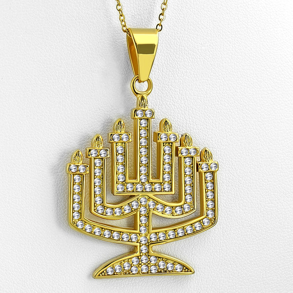 Stainless Steel Yellow Gold-Tone Menorah Jewish CZ Pendant Necklace, 30"