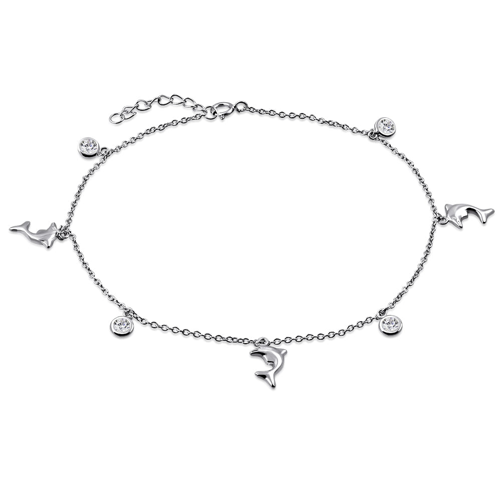 Dolphin Anklet 925 Sterling Silver Cubic Zirconia