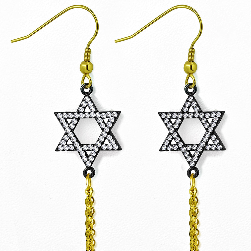 Stainless Steel CZ Black Yellow Gold-Tone Jewish Star of David Dangle Drop Chain Earrings