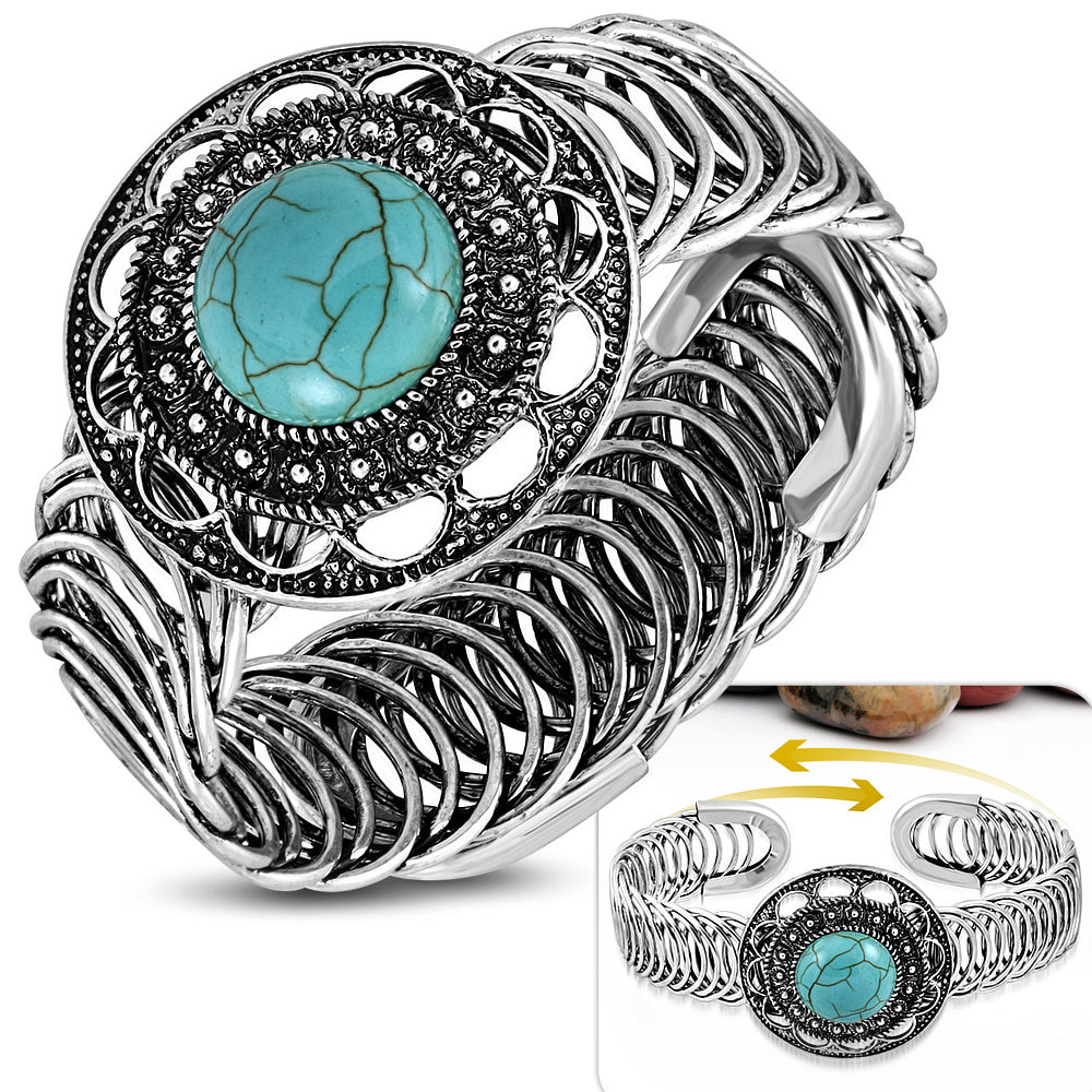 Fashion Alloy Silver-Tone Flower Simulated Turquoise Adjustable Cuff Bracelet, 9"