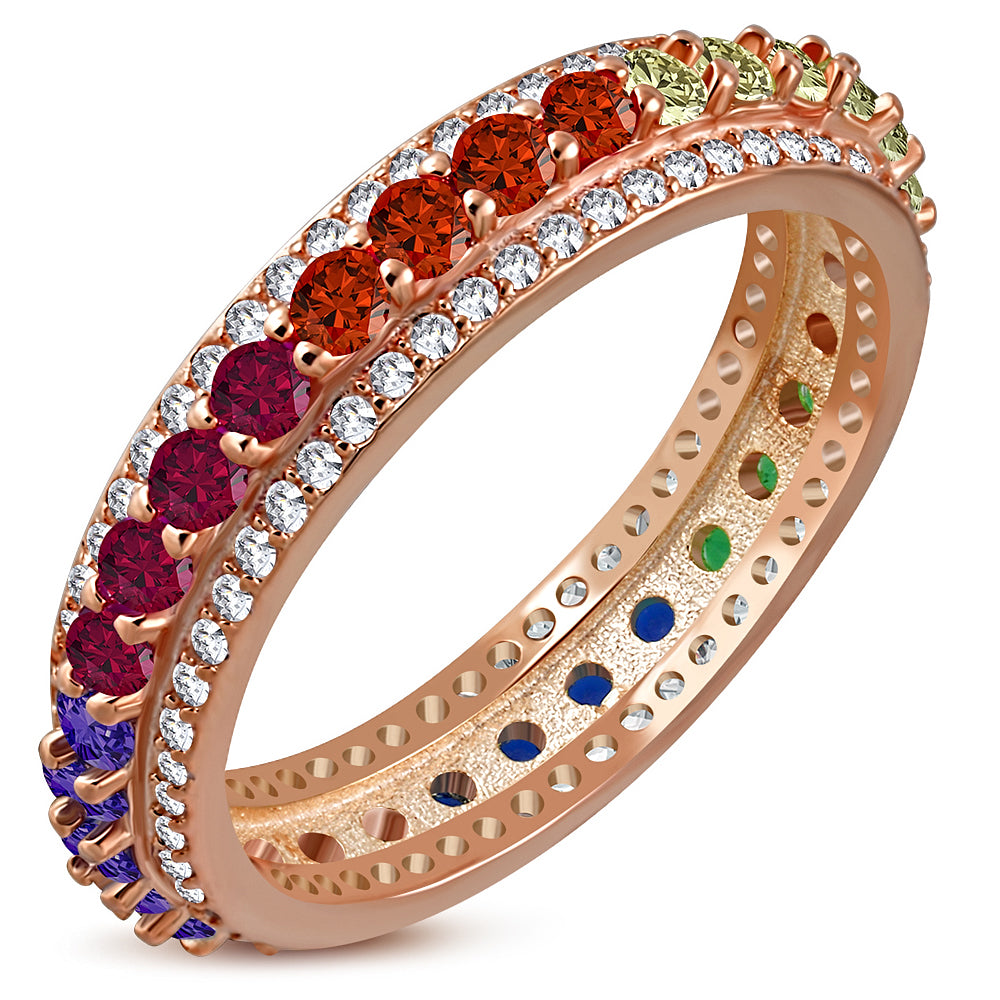 925 Sterling Silver Women's Silver Yellow Rose Gold-Tone Prong-Set Multi-Color CZ Stones Ring