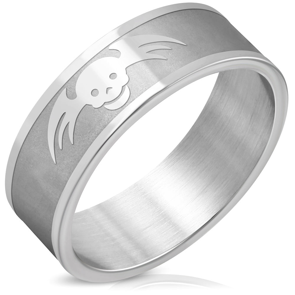 Mens Stainless Steel Winged Skull Band Ring