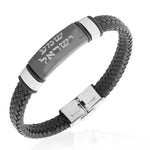 Stainless Steel Black Faux Leather Sh'ma Shema Israel Prayer Mens Bracelet