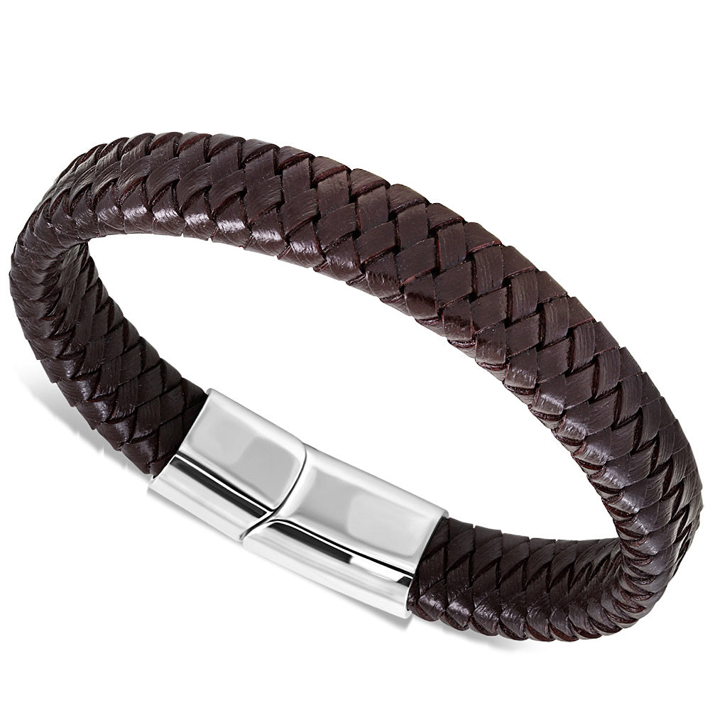 Stainless Steel Brown Braided Leather Mens Cuff Bracelet, 8.5"